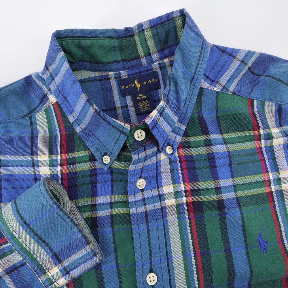 Polo Ralph Lauren Plaid Button Down Shirt Blue Green Long Sleeve Boys XL 18-20
